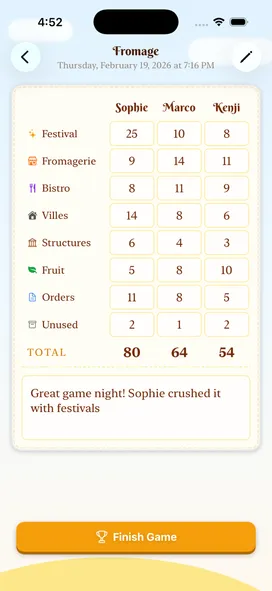 Scoremage scoresheet showing a 3-player Fromage game